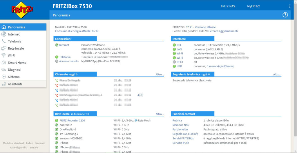 Homepage della web app di Fritz!Box 7530